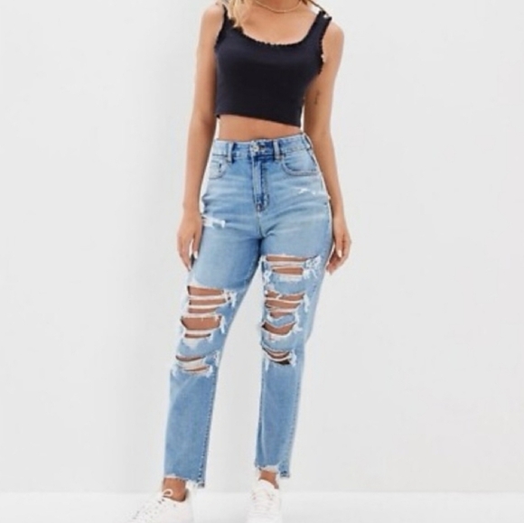 American Eagle Mom Jeans Distressed Sz 8 Long - Picture 1 of 14